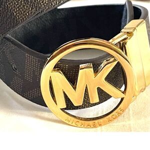 Michael Kors Belt Reversible Chocolate Brown/Black LEATHER Logo Gold Buckle XXL